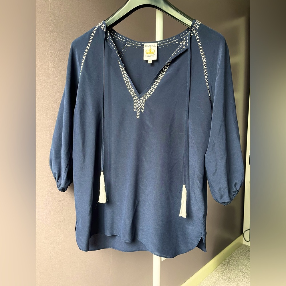 100% Silk Royal Cort Navy Blue Top Yacht Style Summer Blouse Great Condition